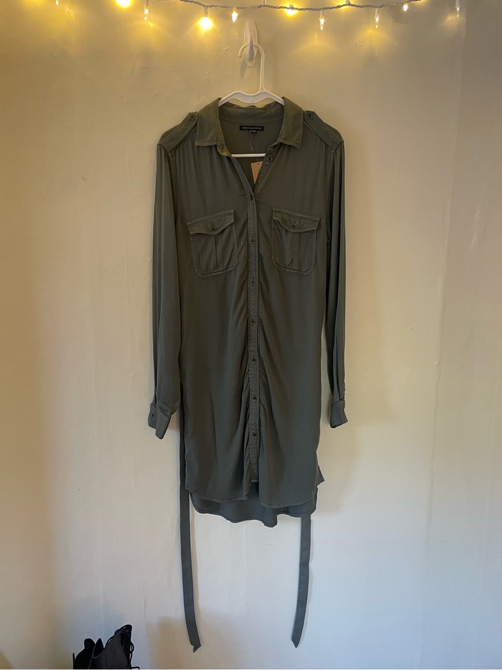 American Eagle Outfitters Olive Army Green Button Up Shirt Dress Tie Waist NWT - Picture 6 of 16